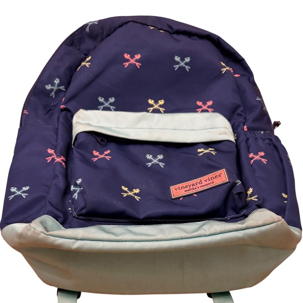 Vineyard Vines Navy Blue Fishbone Print Backpack Teal Lining Padded Straps